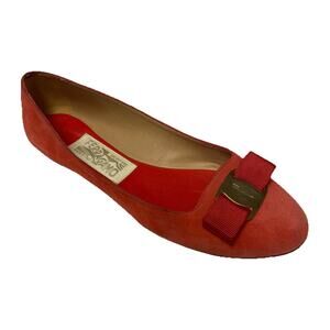 Salvatore Ferragamo Vara Ballet Flat Red Nubuck Suede Gold Logo Bow 6 M Vintage